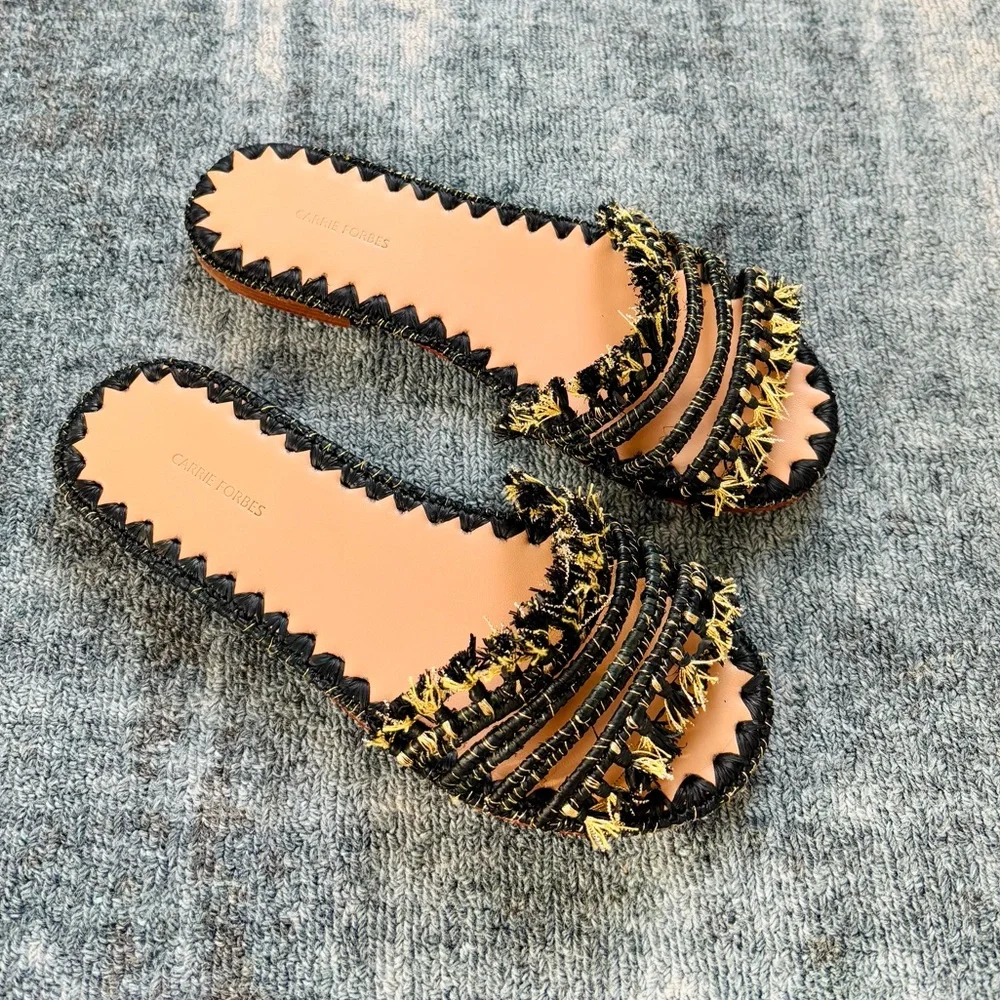 Carrie Forbes Mars Raffia Woven Sandals Black & Gold NEW